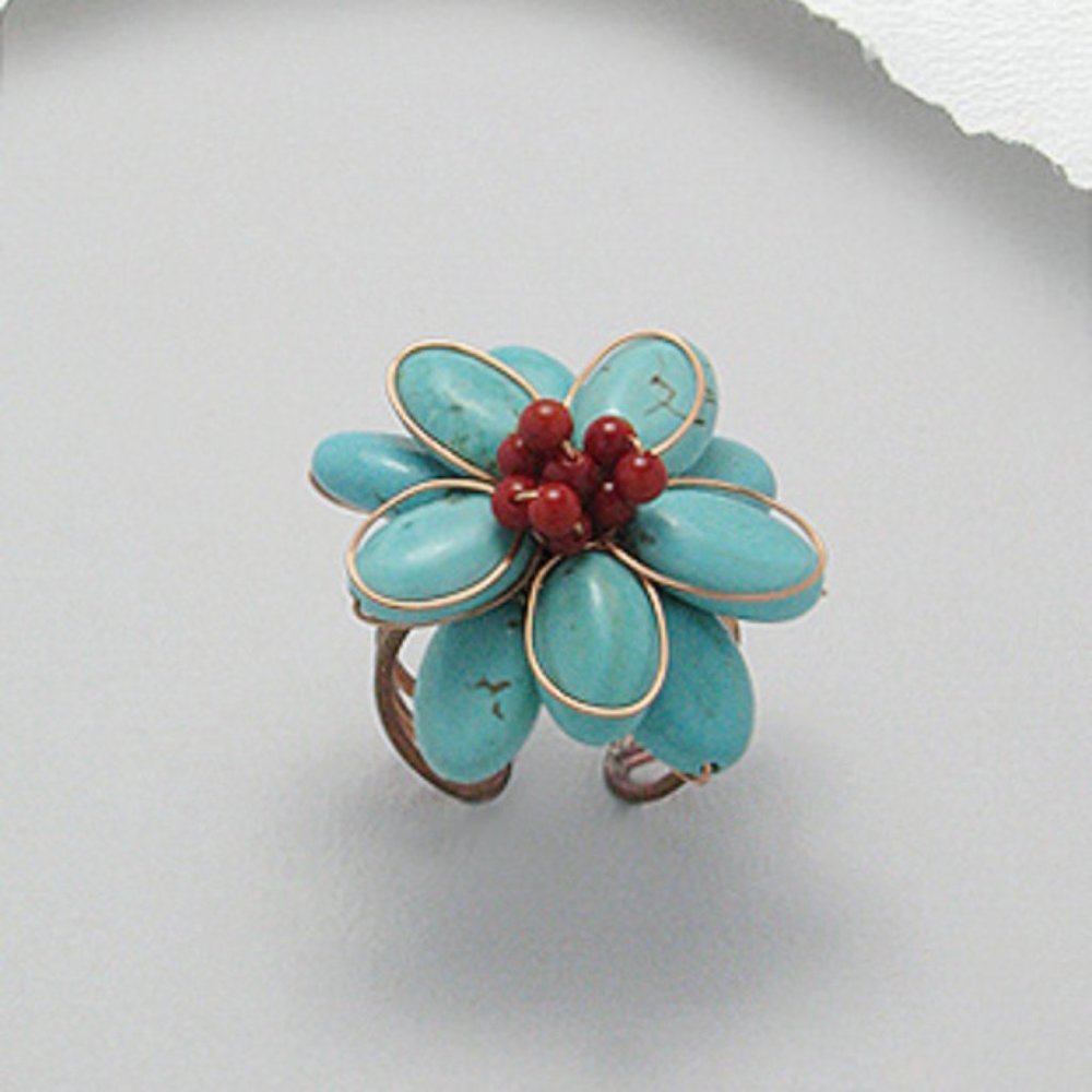 Red Agate and Turquoise Blossom Ring